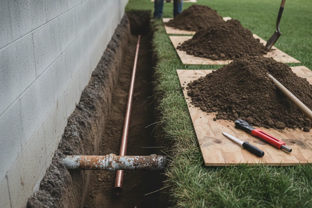 Excavated water line trench during Water Softener Installation in Waterford